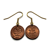 1986 Germany Deutschland 1 Pfennig coin earrings oak tree seedling planting gardening Berlin Munich Stuttgart Hamburg Cologne Bonn e000699
