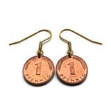 1986 Germany Deutschland 1 Pfennig coin earrings oak tree seedling planting gardening Berlin Munich Stuttgart Hamburg Cologne Bonn e000699