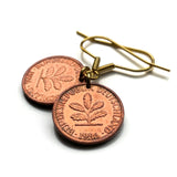 1986 Germany Deutschland 1 Pfennig coin earrings oak tree seedling planting gardening Berlin Munich Stuttgart Hamburg Cologne Bonn e000699