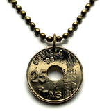 1992 España Spain 25 Pesetas coin pendant Giralda Tower Sevilla Cathedral minaret Alcázar El Arenal Andalusia Guadalquivir Cartuja n003486