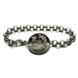 1968 Denmark Danmark 25 Ore coin bracelet Danish crown initial R Danes Copenhagen Aarhus Odense Aalborg Jutland Scandinavian Zealand b000189