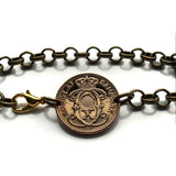 1939 Denmark Danmark Danskere 2 Ore coin rolo link bracelet jewelry World War 2 era Danish Royal crown initial C X Danes Copenhagen Aarhus Odense Aalborg Esbjerg Randers Jutland Zealand Funen Vikings Amalienborg Scandinavia Nordic Norse b000169