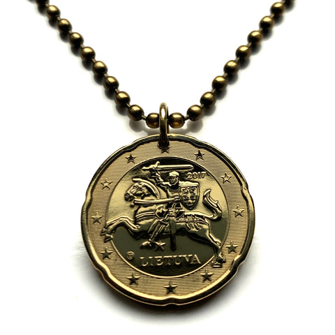 2017 Lithuania Lietuva Euro 20 Cent coin pendant Vytis horse back armored knight Vilnius Kaunas Klaipėda Šiauliai medieval Vityaz Marijampole Jonava Utena Curonian Spit Panevezys Panevezys Pahonia Alytus Mazeikiai Trakai Kedainiai Hill of Crosses n003887