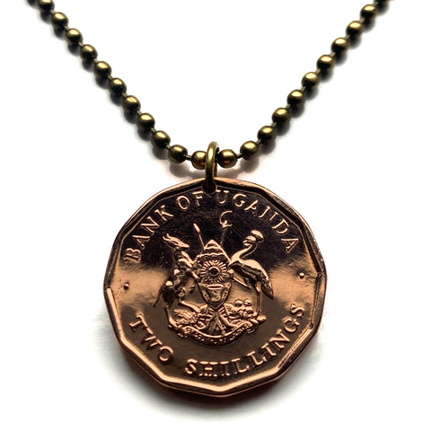 1987 Uganda 2 Shillings coin pendant Ugandan Kob Crested Crane bird spears Kampala Nansana Kira Makindye Ssabagabo Mbarara Mukono Gulu Lugazi Kasese Masaka Wakiso Buikwe Swahili Kiswahili African Great Lakes Victoria Ganda Karamojong Luganda n001440