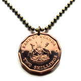 1987 Uganda 2 Shillings coin pendant Ugandan Kob Crested Crane bird spears Kampala Nansana Kira Makindye Ssabagabo Mbarara Mukono Gulu Lugazi Kasese Masaka Wakiso Buikwe Swahili Kiswahili African Great Lakes Victoria Ganda Karamojong Luganda n001440