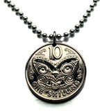 1967 New Zealand 10 Cents coin pendant Maori Koruru Mask Wellington house guardian North South Island Kiwi haka kiwi necklace n000442