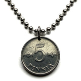 Finland Suomi 5 Pennia coin pendant Finnish hannunvaakuna Looped square Helsinki Scandinavia Nordic Viking Finns johanneskors n002894