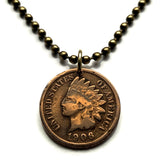 1906 USA Indian Head Penny Cent coin pendant Native American Indian First Nation Chief Tribal feathered headdress War bonnet Great Plains American Civil War Navajo Cherokee Choctaw Chippewa Sioux Apache Blackfeet Creek Iroquois Lumbee Chickasaw n000807b