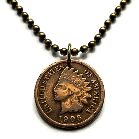 1906 USA Indian Head Penny Cent coin pendant Native American Indian First Nation Chief Tribal feathered headdress War bonnet Great Plains American Civil War Navajo Cherokee Choctaw Chippewa Sioux Apache Blackfeet Creek Iroquois Lumbee Chickasaw n000807b