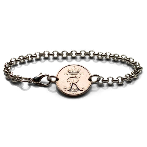 1971 Denmark Danmark 10 Ore coin bracelet initial R Danish royal crown Danes Copenhagen Aarhus Odense Aalborg Scandinavian Zealand b000192