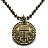 1969 Iceland Ísland 50 Aurar coin pendant Icelandic Scandinavian escutcheon national arms red blue cross shield necklace jewelry n001453