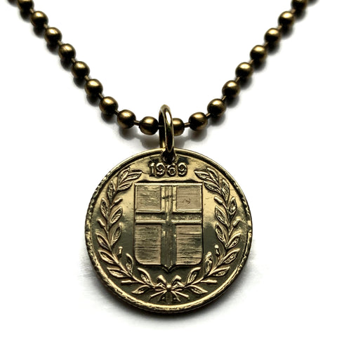 1969 Iceland Ísland 50 Aurar coin pendant Icelandic Scandinavian escutcheon national arms red blue cross shield necklace jewelry n001453