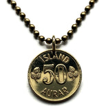 1969 Iceland Ísland 50 Aurar coin pendant Icelandic Scandinavian escutcheon national arms red blue cross shield necklace jewelry n001453