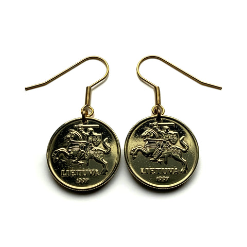 Lithuania 20 Centu coin earrings Vytis horse back armored knight Vilnius Kaunas Klaipėda Šiauliai medieval Vityaz Marijampolė Jonava Utena Curonian Spit Panevėžys Pahonia Alytus Mažeikiai Trakai Island Castle Kėdainiai Kernavė Hill of Crosses e000216