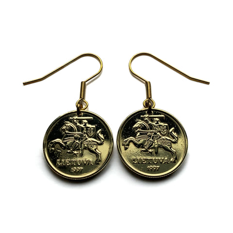 Lithuania 20 Centu coin earrings Vytis horse back armored knight Vilnius Kaunas Klaipėda Šiauliai medieval Vityaz Marijampolė Jonava Utena Curonian Spit Panevėžys Pahonia Alytus Mažeikiai Trakai Island Castle Kėdainiai Kernavė Hill of Crosses e000216