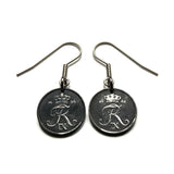Denmark Danmark 1 Ore coin earrings Danish crown initial R Copenhagen Aarhus Odense Aalborg Esbjerg Danes Randers Kolding Horsens Funen Jutland Viking Scandinavia Nordic Roskilde Syddanmark Aabenraa Hillerød Zealand Vendsyssel Faroese Amager e000571
