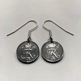 Denmark Danmark 1 Ore coin earrings Danish crown initial R Copenhagen Aarhus Odense Aalborg Esbjerg Danes Randers Kolding Horsens Funen Jutland Viking Scandinavia Nordic Roskilde Syddanmark Aabenraa Hillerød Zealand Vendsyssel Faroese Amager e000571