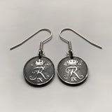 Denmark Danmark 1 Ore coin earrings Danish crown initial R Copenhagen Aarhus Odense Aalborg Esbjerg Danes Randers Kolding Horsens Funen Jutland Viking Scandinavia Nordic Roskilde Syddanmark Aabenraa Hillerød Zealand Vendsyssel Faroese Amager e000571