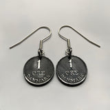 Denmark Danmark 1 Ore coin earrings Danish crown initial R Copenhagen Aarhus Odense Aalborg Esbjerg Danes Randers Kolding Horsens Funen Jutland Viking Scandinavia Nordic Roskilde Syddanmark Aabenraa Hillerød Zealand Vendsyssel Faroese Amager e000571