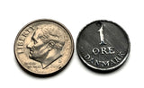 1959 Denmark Danmark 1 Ore coin pendant Danish crown initial R Copenhagen Aarhus Odense Aalborg Esbjerg Danes Randers Kolding Horsens Funen Jutland Viking Scandinavia Nordic Roskilde Syddanmark Aabenraa Hillerød Zealand Vendsyssel Faroese Amager n003778