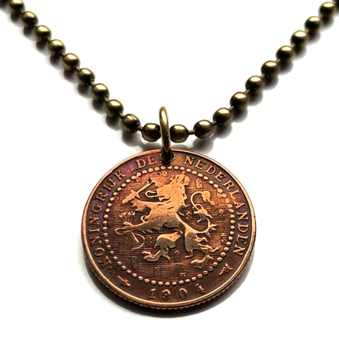 1904 Netherlands Nederland 1 Cent coin pendant Dutch lion Holland Amsterdam Rotterdam Hague Utrecht Eindhoven Groningen Tilburg Almere Breda Nijmegen Apeldoorn Ajax Haarlem Maastricht Leiden Limburg De Wallen Gouda Delft Ajax Dam Square Gelderland n001782