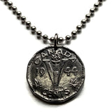 1944 Canada 5 Cent coin pendant World War 2 Allied Victory initial V maple leaves Toronto Montreal Vancouver Calgary Edmonton Ottawa Québec Winnipeg Hamilton Ontario Manitoba Alberta Halifax British Columbia Nova Scotia New Brunswick Victoria n001257