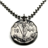 1944 Canada 5 Cent coin pendant World War 2 Allied Victory initial V maple leaves Toronto Montreal Vancouver Calgary Edmonton Ottawa Québec Winnipeg Hamilton Ontario Manitoba Alberta Halifax British Columbia Nova Scotia New Brunswick Victoria n001257