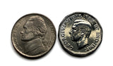 1944 Canada 5 Cent coin pendant World War 2 Allied Victory initial V maple leaves Toronto Montreal Vancouver Calgary Edmonton Ottawa Québec Winnipeg Hamilton Ontario Manitoba Alberta Halifax British Columbia Nova Scotia New Brunswick Victoria n001257