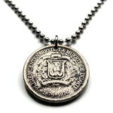 1976 Dominican Republic 25 Centavos coin pendant necklace Quisqueya Santo Domingo Santiago Juan Pablo Duarte Hispaniola caribbean n002898