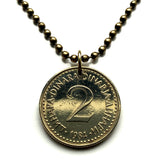 1985 Yugoslavia Jugoslavija Југославија 2 Dinara coin pendant socialist communist Serbia Croatia Bosnia and Herzegovina Slovenia North Macedonia Montenegro Belgrade Zagreb Kosovo Skopje Sarajevo Pristina Podgorica Novi Sad Vojvodina n002289