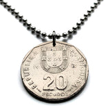 1989 Portugal 20 Escudos coin pendant nautical compass 5 Quinas caravela ship navigate Lisbon Porto Coimbra Braga Sintra Algarve Aveiro Faro Madeira Gaia Guimarães Ourique Beja n000887