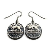 1953 Canada 5 Cents coin earrings Canadian beaver maple leaves Toronto Montreal Vancouver Calgary Edmonton Ottawa Québec Winnipeg e000706
