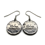 1953 Canada 5 Cents coin earrings Canadian beaver maple leaves Toronto Montreal Vancouver Calgary Edmonton Ottawa Québec Winnipeg e000706