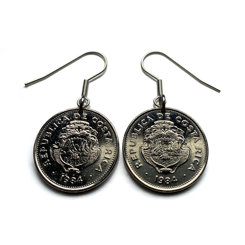 1984 Costa Rica 2 Colones coin earrings escudo Costarricense San Jose Puerto Limon Alajuela Heredia 5 Esquinas Desamparados Liberia e000707