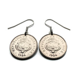 1984 Costa Rica 2 Colones coin earrings escudo Costarricense San Jose Puerto Limon Alajuela Heredia 5 Esquinas Desamparados Liberia e000707