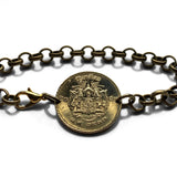 1950 Thailand Siam 50 Satang coin bracelet Airavata elephant Phra Ratcha Lanchakon Pracham Phaen Din Sayam Wat Arun Temple Bangkok b000199