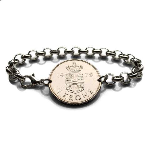 1979 Denmark Danmark 1 Krone coin bracelet Danish crown blue lions rigsvaben Danes Danskere Copenhagen Aarhus Odense Aalborg Esbjerg Randers b000194