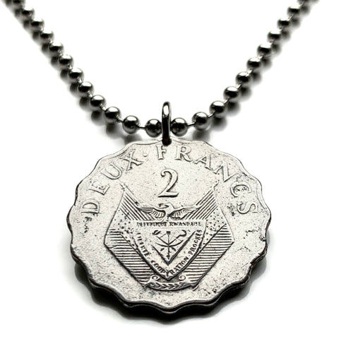 1970 Rwanda 2 Francs coin pendant Rwandese coat of arms Kinyarwanda Kigali Banyarwanda Ruhengeri Butare Muhanga Bantu Batwa people East Africa Great Lakes Hutu Abahutu Tutsi Twa people Swahili n002357