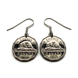 1959 Canada 5 Cents coin earrings Canadian beaver maple leaves Toronto Montreal Vancouver Calgary Edmonton Ottawa Québec Winnipeg e000705