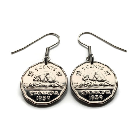 1959 Canada 5 Cents coin earrings Canadian beaver maple leaves Toronto Montreal Vancouver Calgary Edmonton Ottawa Québec Winnipeg e000705