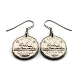 1959 Canada 5 Cents coin earrings Canadian beaver maple leaves Toronto Montreal Vancouver Calgary Edmonton Ottawa Québec Winnipeg e000705