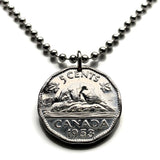 1953 Canada 5 Cent coin pendant necklace fashion jewelry Canadian beaver maple leaves King George VI Ottawa Montreal Quebec Toronto Ontario Vancouver Calgary British Columbia Alberta Nova Scotia New Brunswick Manitoba Nunavut Victoria n003652