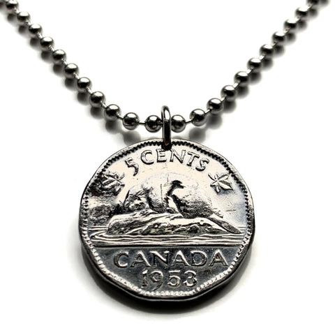 1953 Canada 5 Cent coin pendant necklace fashion jewelry Canadian beaver maple leaves King George VI Ottawa Montreal Quebec Toronto Ontario Vancouver Calgary British Columbia Alberta Nova Scotia New Brunswick Manitoba Nunavut Victoria n003652