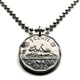 1953 Canada 5 Cent coin pendant necklace fashion jewelry Canadian beaver maple leaves King George VI Ottawa Montreal Quebec Toronto Ontario Vancouver Calgary British Columbia Alberta Nova Scotia New Brunswick Manitoba Nunavut Victoria n003652