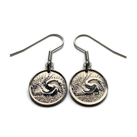 1960's Singapore Singapura 5 Cents coin earrings Oriental darter Snake bird Lion City Bedok Yishun Choa Chu Kang Punggol Ang Mo Kio e000708