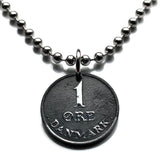 1959 Denmark Danmark 1 Ore coin pendant Danish crown initial R Copenhagen Aarhus Odense Aalborg Esbjerg Danes Randers Kolding Horsens Funen Jutland Viking Scandinavia Nordic Roskilde Syddanmark Aabenraa Hillerød Zealand Vendsyssel Faroese Amager n003778