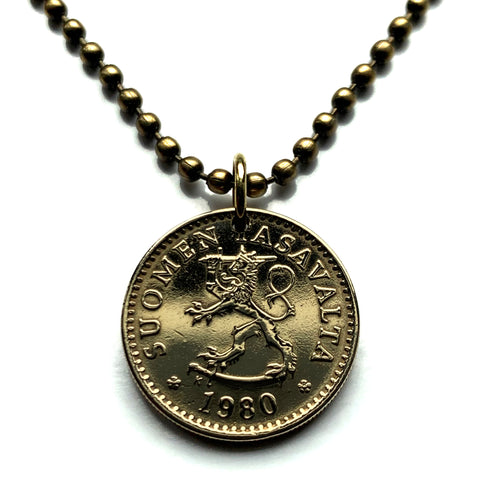 1980 Finland Suomi 10 Pennia coin pendant necklace jewelry Finnish lion Helsinki Espoo Tampere Porvoo Finns Nordic Vantaa Oulu Turku Lahti Jyvaskyla Savonlinna Finnic Sami Vantaa Uusimaa Rovaniemi n000079