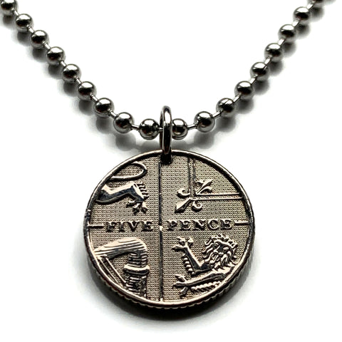 2014 Reino Unido Gran Bretaña Moneda de 5 peniques colgante collar joyería Escudo Real Inglaterra Leones ingleses Gales Gales Escocia León escocés Union Jack Glasgow Irlanda del Norte Arpa irlandesa Londres Cardiff Edimburgo Belfast n002224