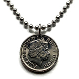 2010 United Kingdom Great Britain 5 Pence coin pendant necklace jewelry Royal Shield England English lions Wales Welsh Scotland Scottish lion Union Jack Glasgow Northern Ireland Irish harp London Cardiff Edinburgh Belfast n002224