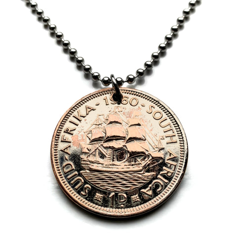 1960 South Africa 1 Penny coin pendant Dromedaris ship sail boat Cape Town Vereeniging Soshanguve Xhosa Tswana Zulu Afrikaan Dutch k000053